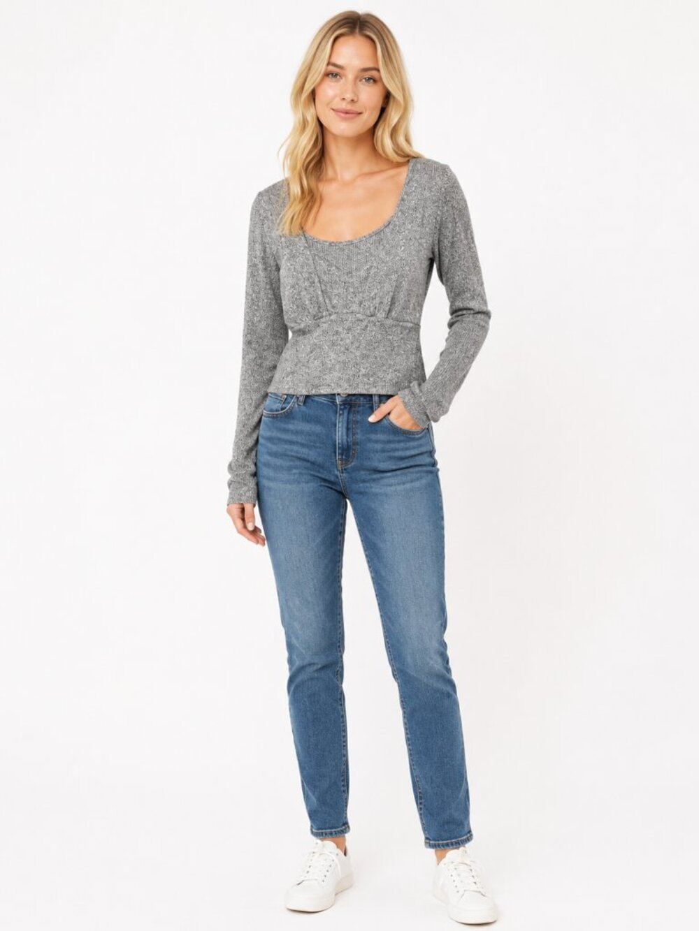Liberty Love NWT Gray Ribbed Empire Waist Crop Top Long Sleeve Size M
